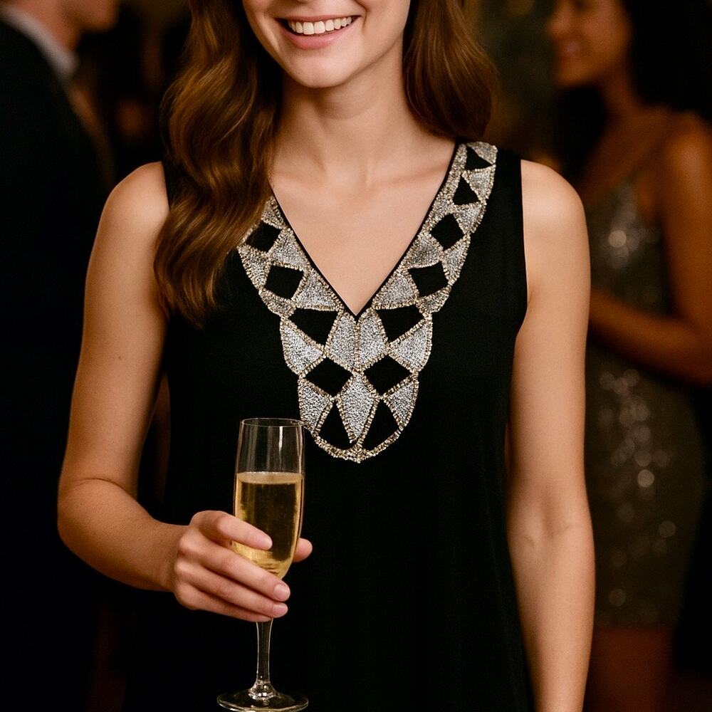 Women's 3X top black shear with silver sequined V-neckline with 
lace, and beads
